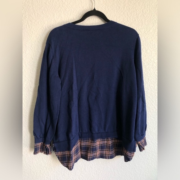 Joan Rivers large navy blue long sleeve with plaid trim preppy career top blouse - Picture 5 of 6